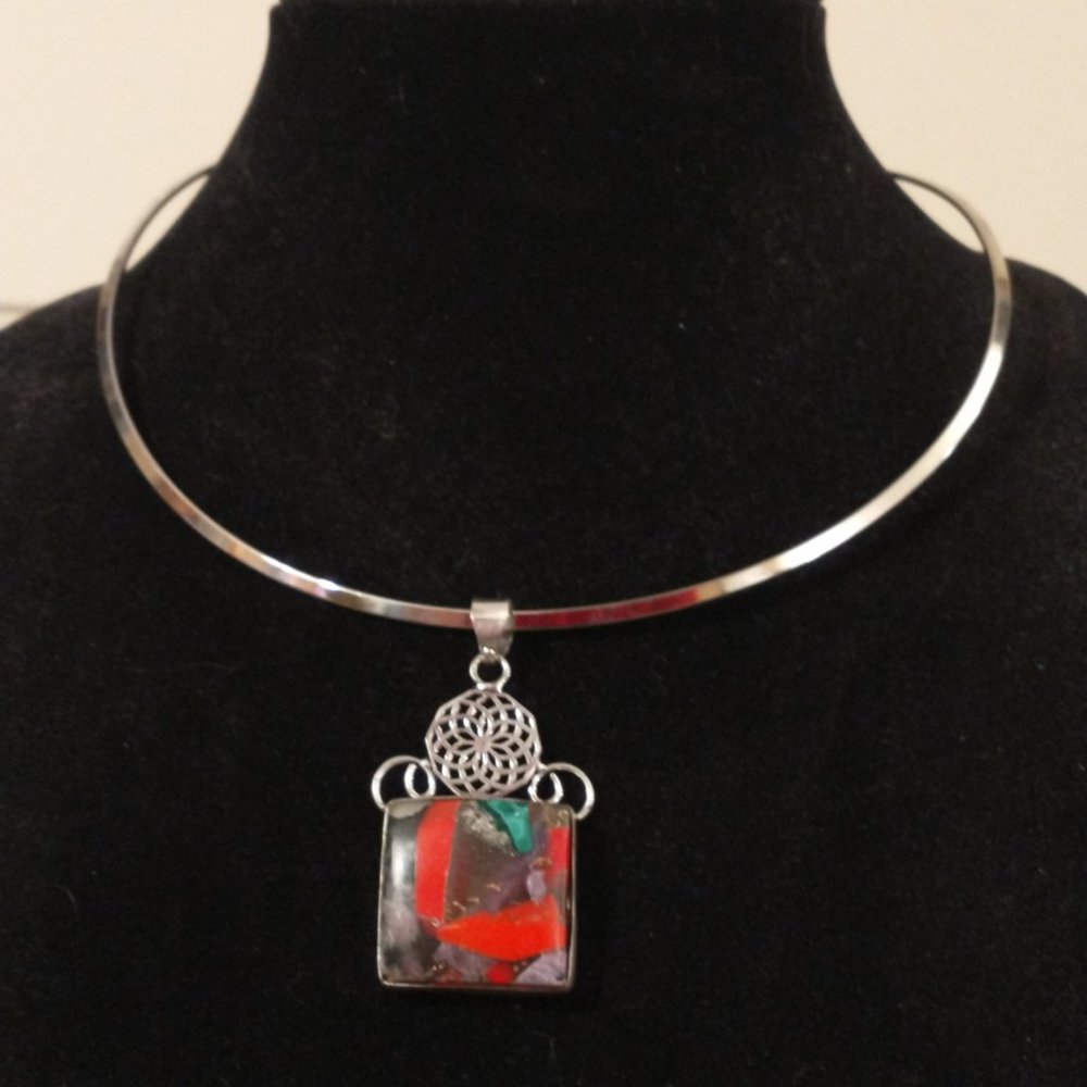 Copper Red Coral and Charoite Pendant